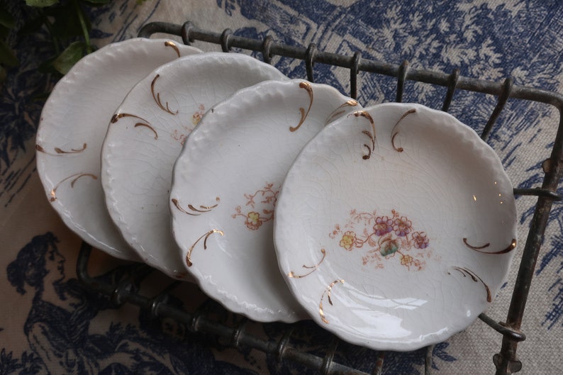 Set of Four White Ironstone Butter Pats with Faded Floral Transferware Pottery image 1