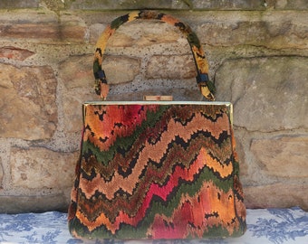 Vintage Kadin Chenille Tapestry Purse Handbag 1960s Rainbow Zig Zag Carpet Bag