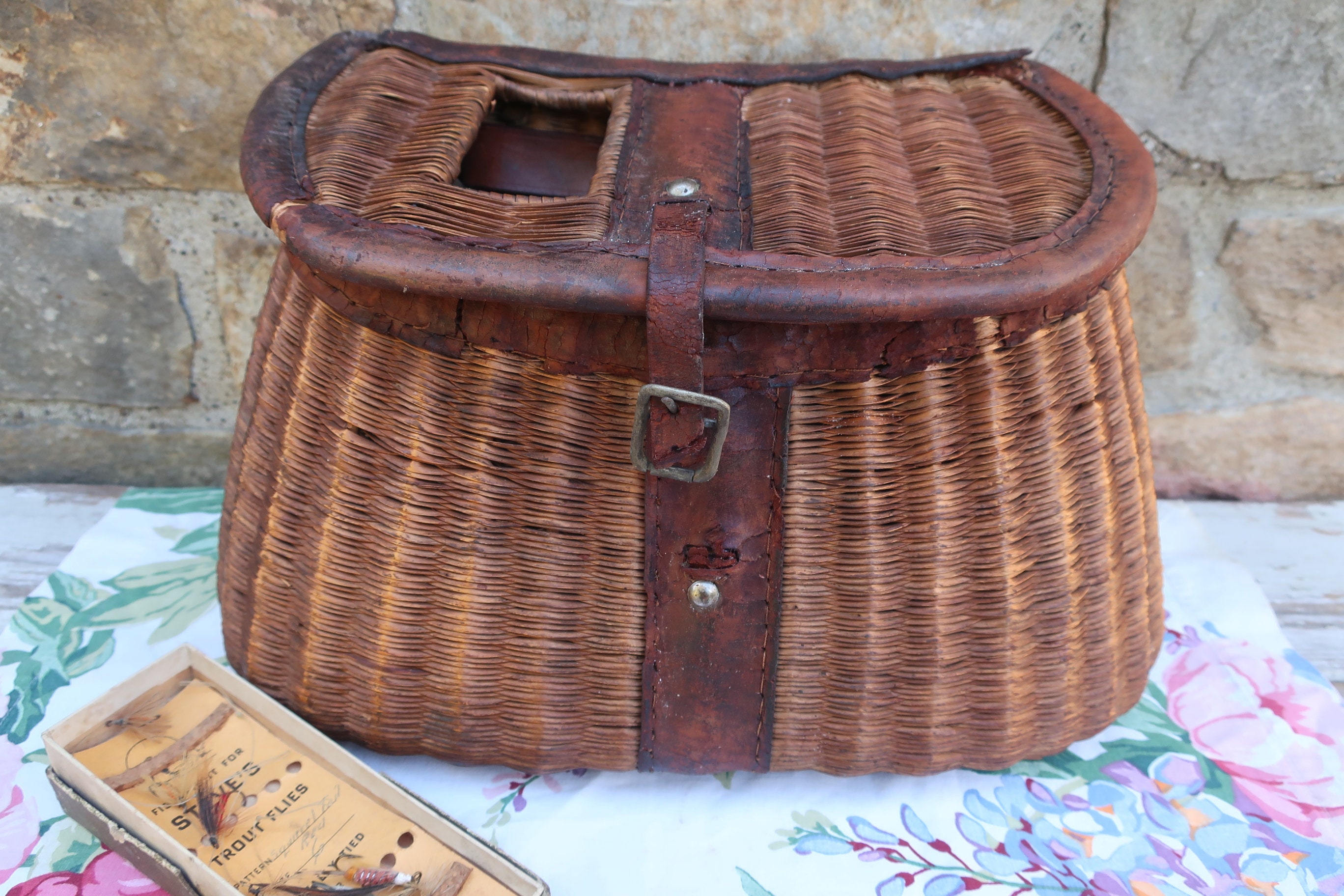 Wicker Fishing Creel Basket With Weathered Leather Trim, Woven Fly