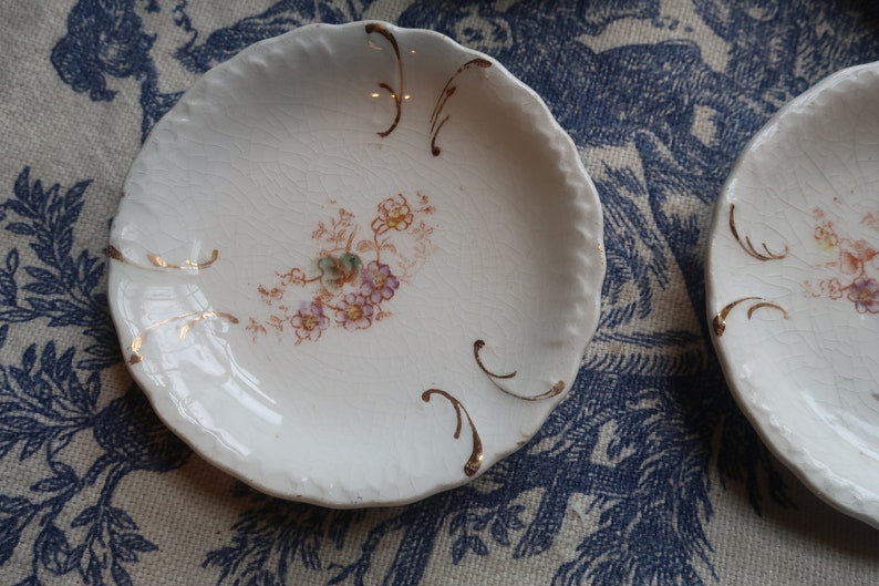 Set of Four White Ironstone Butter Pats with Faded Floral Transferware Pottery image 4