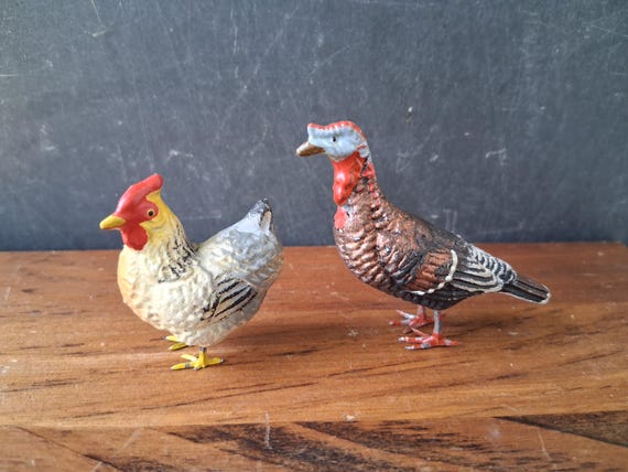 Pair of Putz Bird Figurines Turkey with Metal Feet and Chicken Miniature Made in Germany