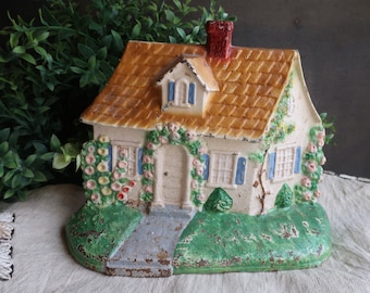 Hubley Cast Iron Cottage Doorstop #211 Little House with Roses and Hollyhocks