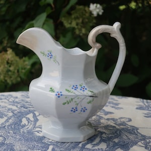 White Ironstone Creamer Granite Ware with Delicate Blue Flowers Small Pitcher