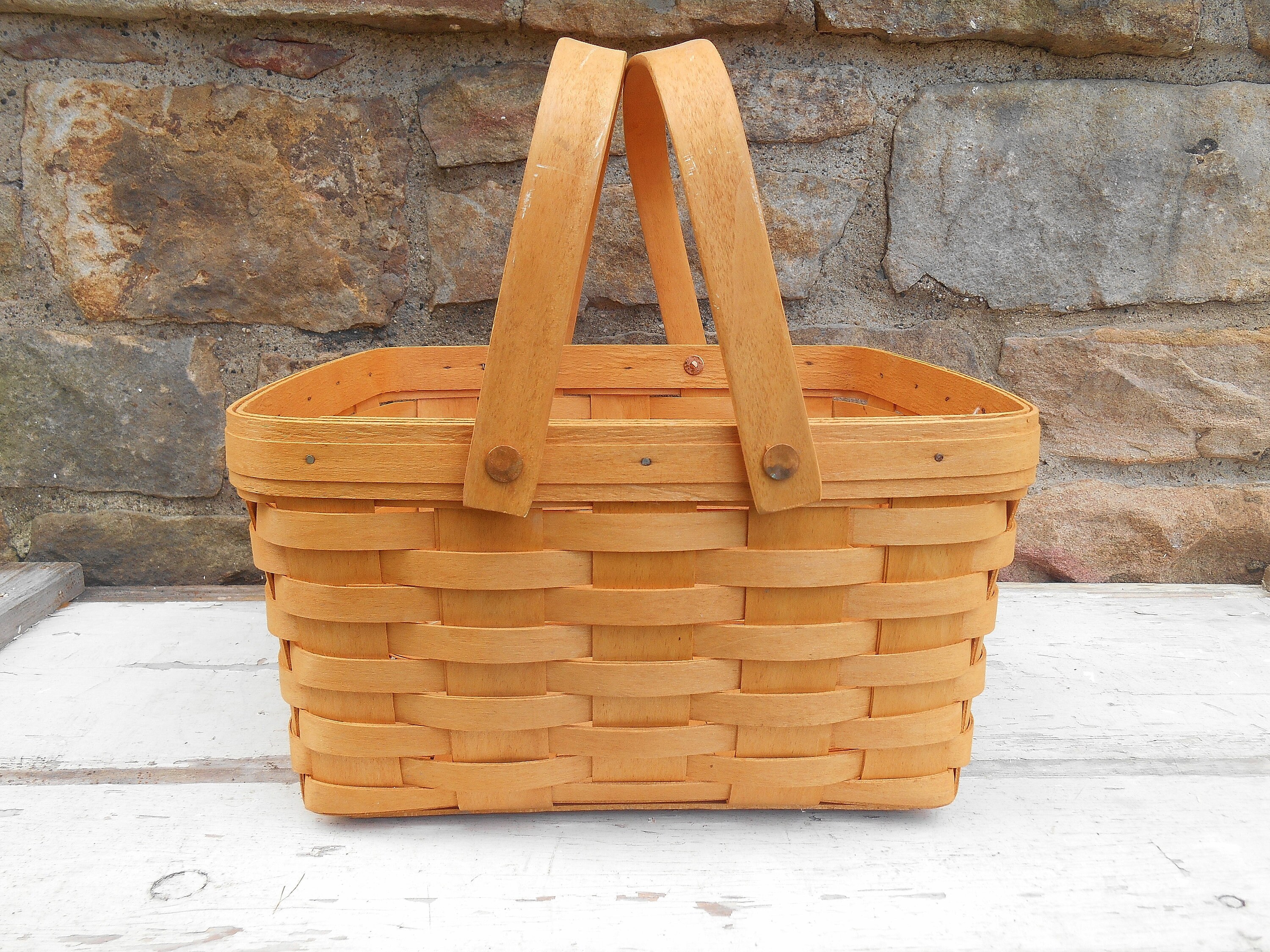 Longaberger Market Basket Wood Splint Swinging Handles And Cloth Fabric Plaid Liner Medium Carryall Farmhouse Signed 1997 Dresden Ohio