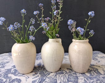 Three Off White Pottery Bud Vases with Lots of Crazing Matte Glaze and Ironstone Style