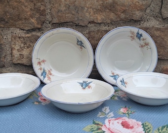 Bluebird China Set of 5 Bowls White Ironstone with Blue Trim H R Wyllie China