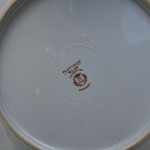 Pu&ograve; includere: Un piatto in ceramica azzurra con bordo marrone. Il centro del piatto presenta un emblema circolare con la scritta "PLATINUM BLUE LAMBERTON CHINA SCAMMELL".