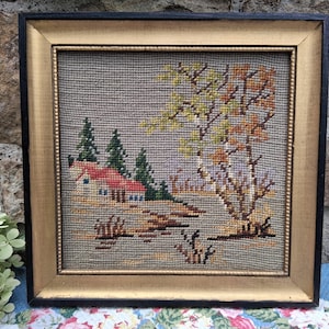 Vintage Needlepoint Fall Scene in Gold and Black Frame Autumn Seasonal Wall Art Embroidery