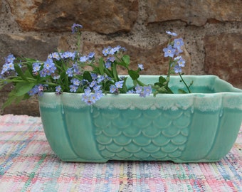 Teal Pottery Window Box Planter Fish Scale Scallops Design Indoor Planter USA 77