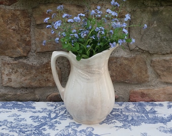 Teastained White Ironstone Pitcher with Wheat Motif Royal Crownford Arthur Wood Made in England