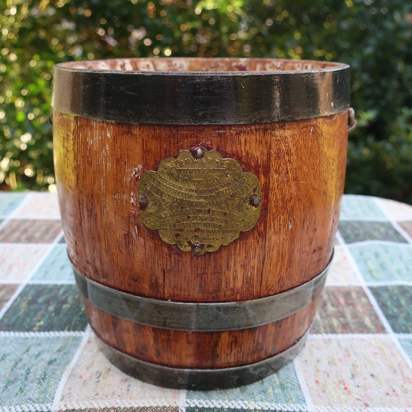 Primitive Wood Staved Lead Bucket Pail with Metal Bands for White Lead Paint, Beymer Bauman and Co, Antique Advertising