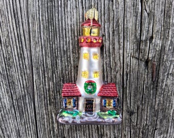 Old World Christmas Ornament Lighthouse OWC Glass Glitter Christmas Decoration