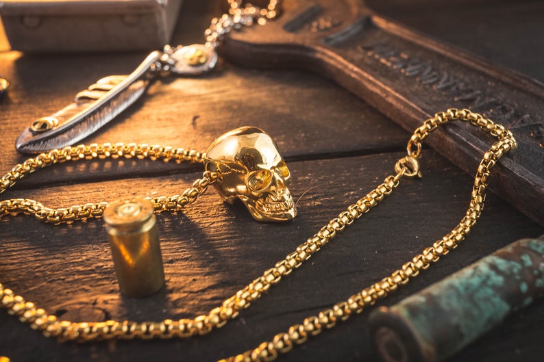 Gold Plated Stainless Steel Men/'s Necklace with Skull Pendant skull necklace mens necklace minimalistic necklace steel necklace
