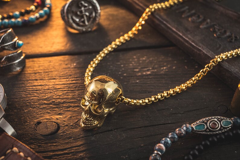 Gold Plated Stainless Steel Men/'s Necklace with Skull Pendant skull necklace mens necklace minimalistic necklace steel necklace