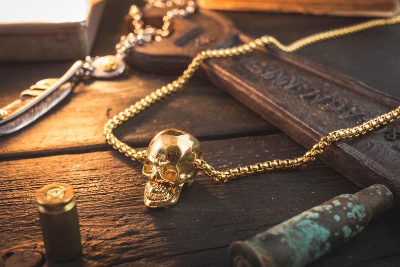 Gold Plated Stainless Steel Men/'s Necklace with Skull Pendant skull necklace mens necklace minimalistic necklace steel necklace