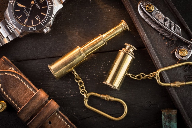 Vintage Brass Telescope Steampunk Keychain Mens Keychain Brass Mini Nautical Telescope Keychain