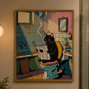 Póster de gato negro leyendo el periódico en el inodoro, arte divertido para la pared del baño, lámina vintage de gato cómico, decoración pop art original, idea de regalo para amantes de los gatos
