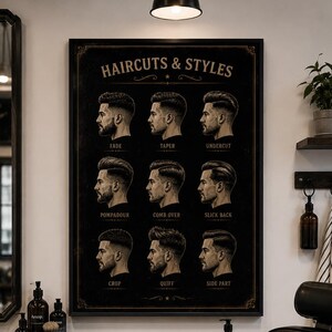 Könnte beinhalten: Ein schwarz gerahmtes Wandplakat mit dem Titel Haircuts & Styles, das neun Illustrationen von Männerfrisuren im Profil zeigt, beschriftet mit Fade, Taper, Undercut, Pompadour, Comb Over, Slick Back, Crop, Quiff und Side Part, in einem Friseursalon.