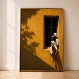 Könnte beinhalten: Ein gerahmter Wandkunstdruck, der eine Person in einem weißen Bademantel und Kopfhandtuch zeigt, die im Fensterrahmen einer strukturierten senfgelben Wand sitzt. Die Szene zeigt ein dunkelgrünes Buch und den Schatten von Blättern auf der Wand.