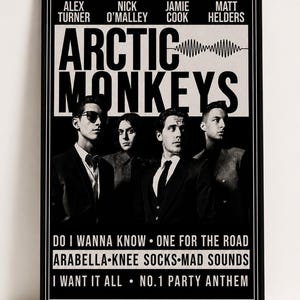 May include: A black and white rectangular poster featuring the band Arctic Monkeys. The design includes the names of the four band members, the band name, a sound wave graphic, and a tracklist including Do I Wanna Know and One For The Road.