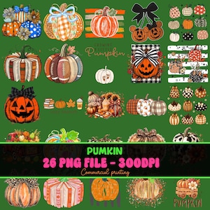 Puede incluir: Una colección digital de veintiséis ilustraciones de calabazas con diversos patrones, texturas y temas, incluyendo cuadros, estampado de leopardo, motivos de fútbol americano, pilas de libros y caras de calabazas de Halloween.