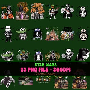 Puede incluir: Una colección de archivos gráficos digitales con personajes de Star Wars representados como esqueletos, incluyendo a Darth Vader, Boba Fett y Yoda, junto a elementos de Halloween como calabazas, murciélagos y telarañas, con el texto STAR WARS 23 PNG FILE - 300DPI.