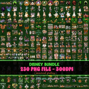 May include: A digital collection of 230 Disney-themed Halloween graphic designs featuring various characters in costumes, pumpkins, and festive motifs. The text reads Disney Bundle 230 PNG File - 300DPI Commercial printing, displayed on a dark green background.
