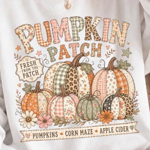 Retro-Kürbis-Patchwork-PNG, trendige Herbst-Sublimation, Vintage-Herbst-PNG, Muster „Frisch vom Bauernhof“, digitaler Download
