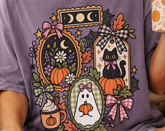 Coquette Halloween PNG, Black Cat Ghost Pumpkin Doodle, Cute Spooky Bow Design, Retro Halloween Collage, Witchy Fall Shirt PNG