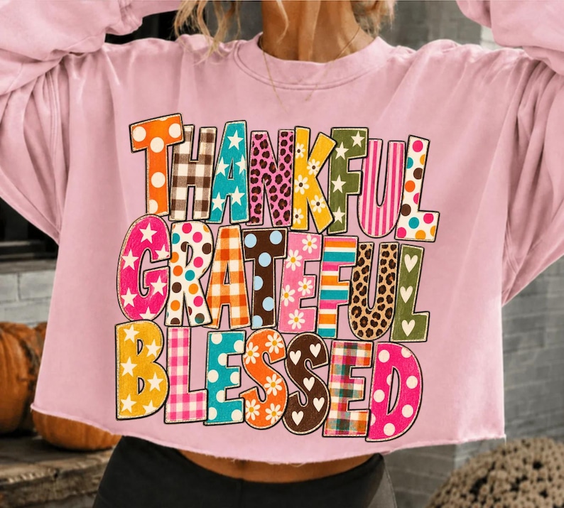 Thankful Grateful Blessed PNG, Retro Fall Typography, Colorful Pattern Letters, Thanksgiving Shirt Design, Vintage Sublimation image 2