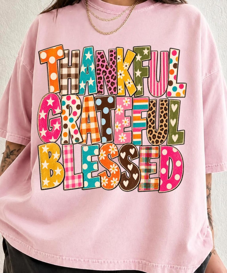 Thankful Grateful Blessed PNG, Retro Fall Typography, Colorful Pattern Letters, Thanksgiving Shirt Design, Vintage Sublimation image 12