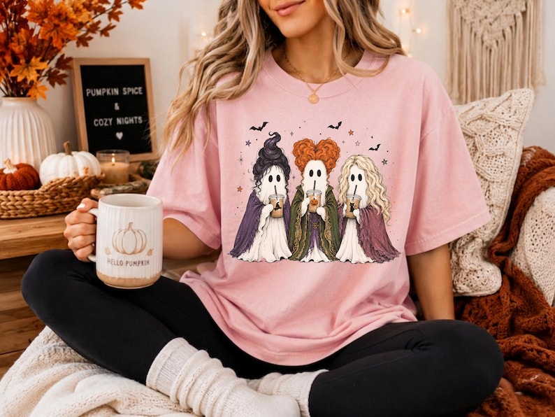 May include: A light pink t-shirt featuring a graphic of three ghosts dressed as witches, each holding a coffee cup. The ghosts have distinct hairstyles in black, orange, and blonde, and are wearing purple, green, and maroon capes with small bats.