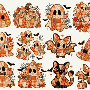 Peut inclure: Une collection d'illustrations sur le thème d'Halloween avec des motifs de style patchwork dans des tons orange, marron et crème. L'ensemble comprend des fantômes, des citrouilles, des chauves-souris, un chat et un chapeau de sorcière.