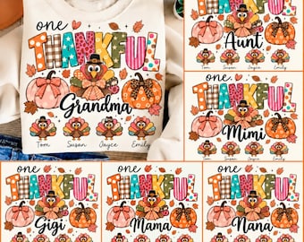 Custom Name Colorful Thankful Mama Grandma Aunt Gigi Mimi PNG, One Thankful Grandma Nana PNG, Personalized Thanksgiving Turkey Name