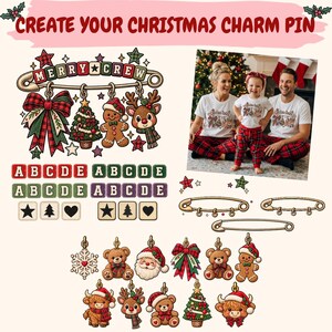 Può includere: Un foglio di design digitale intitolato CREATE YOUR CHRISTMAS CHARM PIN che mostra una grande spilla da balia con ciondoli pendenti come un fiocco scozzese, un albero di Natale, un omino di pan di zenzero e una renna, oltre a blocchi alfabetici.