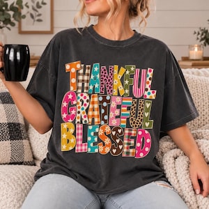 Thankful Grateful Blessed PNG, Retro Fall Typography, Colorful Pattern Letters, Thanksgiving Shirt Design, Vintage Sublimation image 11