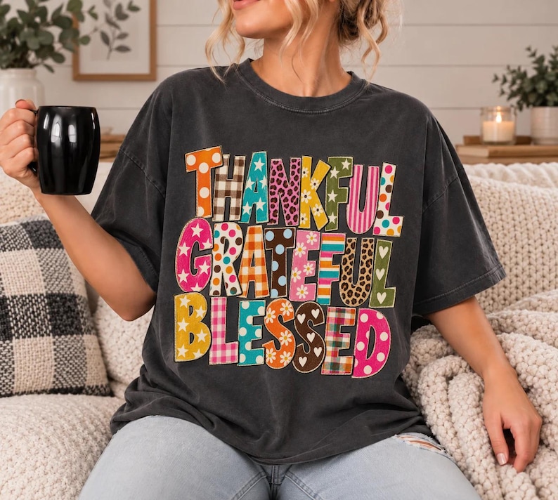 Thankful Grateful Blessed PNG, Retro Fall Typography, Colorful Pattern Letters, Thanksgiving Shirt Design, Vintage Sublimation image 11