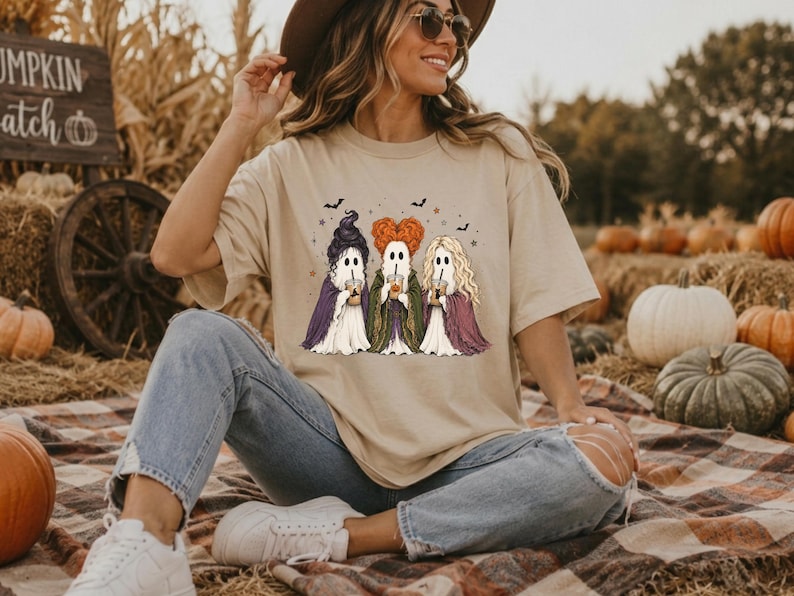 May include: A beige short-sleeve t-shirt featuring a graphic print of three ghosts dressed as witches, each holding a coffee cup. The ghosts have distinct hairstyles and colored cloaks in purple, green, and maroon, surrounded by small bats and stars.