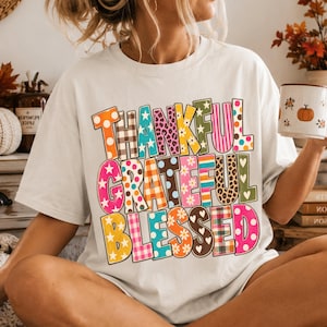 Thankful Grateful Blessed PNG, Retro Fall Typography, Colorful Pattern Letters, Thanksgiving Shirt Design, Vintage Sublimation image 4