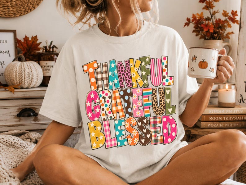 Thankful Grateful Blessed PNG, Retro Fall Typography, Colorful Pattern Letters, Thanksgiving Shirt Design, Vintage Sublimation image 4