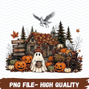 May include: A digital illustration featuring a ghost wearing a beanie and holding a mug labeled BOO BREW, surrounded by pumpkins, a wooden cart, a stone cottage with autumn leaves, pine trees, and a flying griffin, with a sign reading PUMPKINS, HAY RIDES, HOT CIDER, APPLE PICKING.