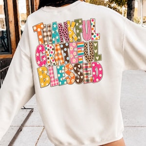 Thankful Grateful Blessed PNG, Retro Fall Typography, Colorful Pattern Letters, Thanksgiving Shirt Design, Vintage Sublimation image 8