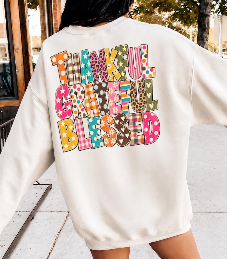 Thankful Grateful Blessed PNG, Retro Fall Typography, Colorful Pattern Letters, Thanksgiving Shirt Design, Vintage Sublimation image 8
