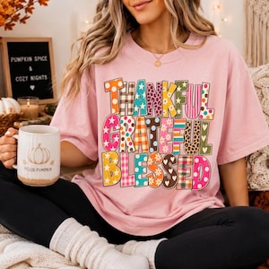 Thankful Grateful Blessed PNG, Retro Fall Typography, Colorful Pattern Letters, Thanksgiving Shirt Design, Vintage Sublimation image 6