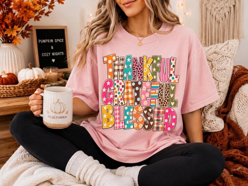 Thankful Grateful Blessed PNG, Retro Fall Typography, Colorful Pattern Letters, Thanksgiving Shirt Design, Vintage Sublimation image 6