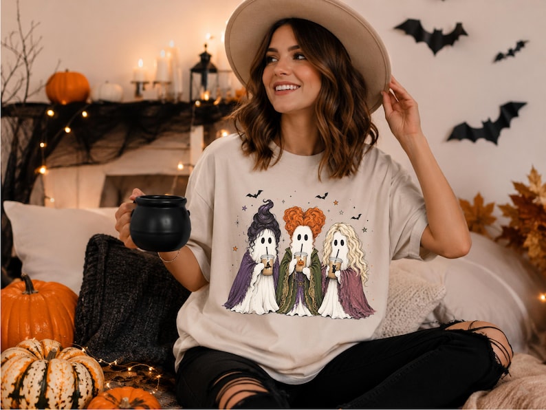 May include: A beige short-sleeve t-shirt featuring a graphic print of three ghost figures dressed as witches, each holding a coffee cup. The design includes small bats and stars, with the ghosts wearing purple, green, and pink cloaks.