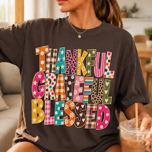 Thankful Grateful Blessed PNG, Retro Fall Typography, Colorful Pattern Letters, Thanksgiving Shirt Design, Vintage Sublimation image 7