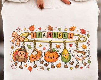 Thankful Thanksgiving PNG, Fall Doodle Kids Shirt Design, Cute Safety Pin Graphic, Kawaii Turkey Pumpkin Clipart, Family Matching Tee