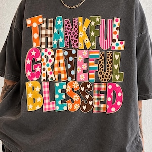 Thankful Grateful Blessed PNG, Retro Fall Typography, Colorful Pattern Letters, Thanksgiving Shirt Design, Vintage Sublimation image 5