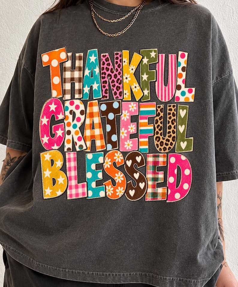 Thankful Grateful Blessed PNG, Retro Fall Typography, Colorful Pattern Letters, Thanksgiving Shirt Design, Vintage Sublimation image 5